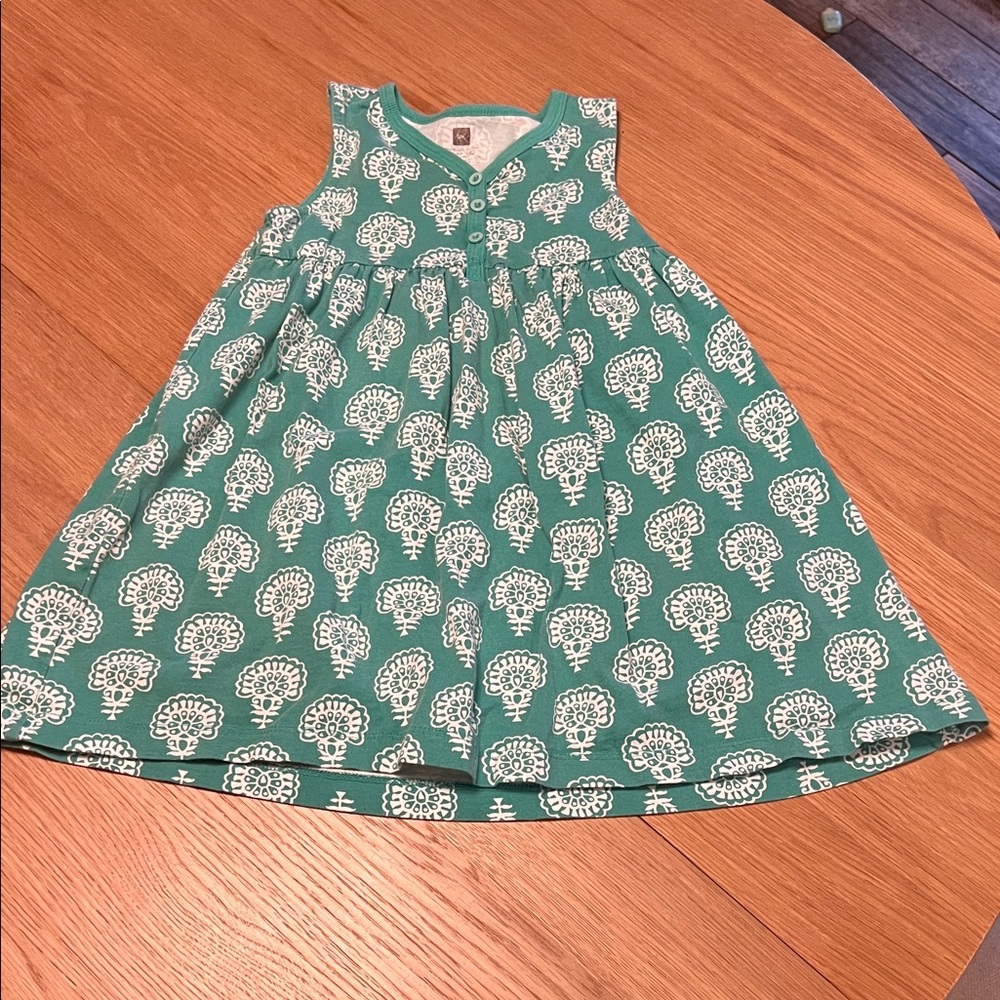 Tea Collection Kids Dress in Green with White Tree Pattern